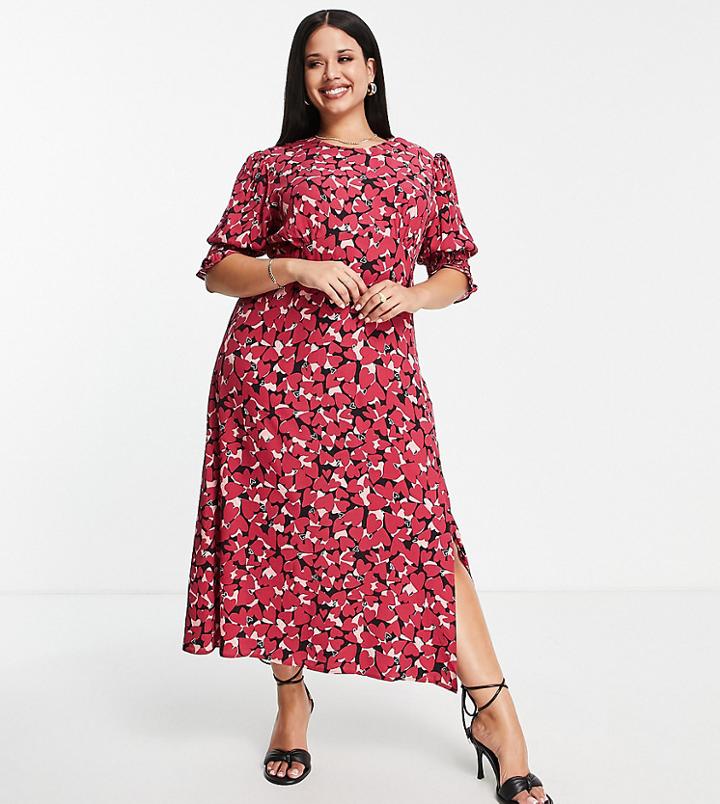 Nobody's Child Plus Luna Heart Print Puff Sleeve Midi Dress In Red
