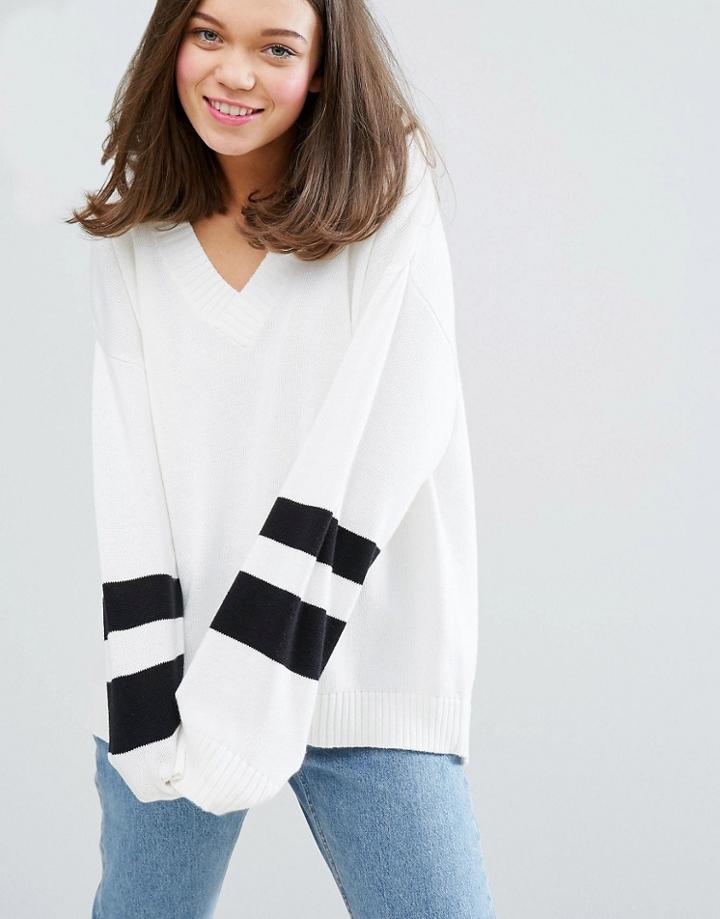 Monki Varsity Stripe Sleeve Sweater - White