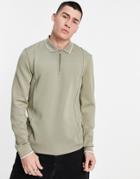 Asos Design Smart Long Sleeve Polo T-shirt In Khaki Scuba-green