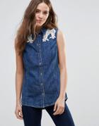Vero Moda Embroidered Lace Shoulder Denim Shirt - Blue