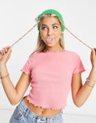 Asos Design Crop Fitted T-shirt With Lettuce Edge In Pink