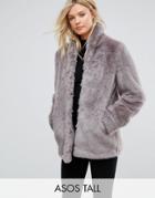 Asos Tall Coat In Vintage Faux Fur - Gray