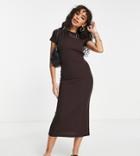 Asos Design Petite Ribbed Body-conscious Midi T-shirt Dress With Open Back In Chocolate Brown
