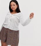 Asos Design Curve Top In Crinkle With Ruffle Broderie Trim-white