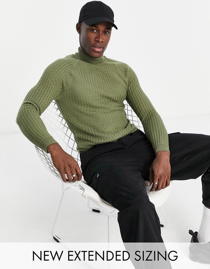 Asos Design Muscle Fit Textured Knit Turtle Neck Sweater In Khaki-green