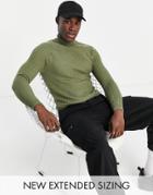 Asos Design Muscle Fit Textured Knit Turtle Neck Sweater In Khaki-green
