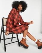 Violet Romance Tiered Cotton Mini Shirt Dress In Rust Gingham-multi