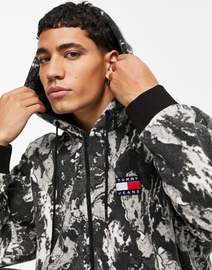 Tommy Jeans Camo Print Polar Fleece Half Zip Hoodie Relaxed Fit In Black