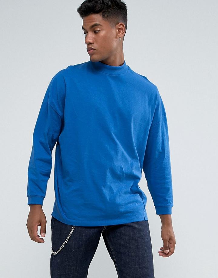 Asos Oversized T-shirt With High Neck And Cropped Arm In Blue - Blue