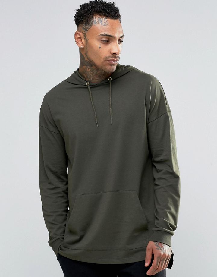 Asos Oversized Long Sleeve T-shirt With Hood And Zips In Khaki - Khaki