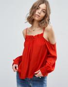 Asos Cold Shoulder Top With Low Back & Ruffle Edge - Red