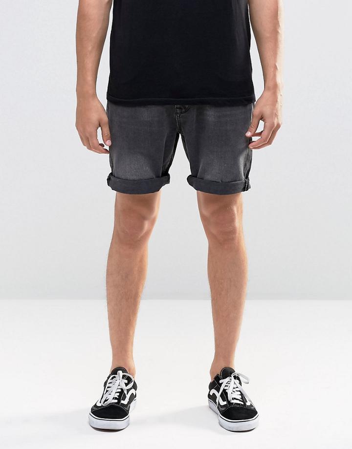 Asos Denim Slim Shorts In Washed Black - Black