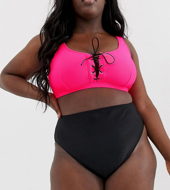 Asos Design Curve Rib High Leg Bikini Bottom In Black - Black