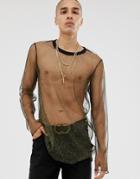 Asos Design Longline Long Sleeve T-shirt In Gold Metallic Mesh