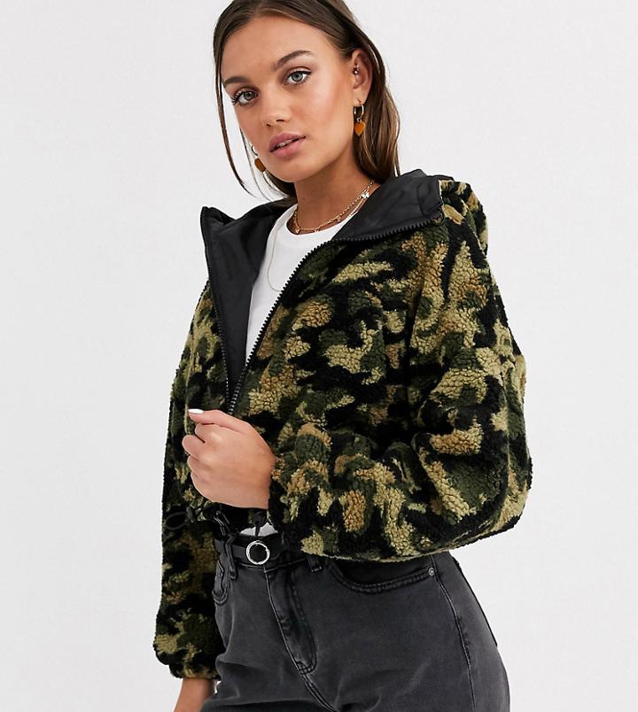 Asos Design Petite Cropped Camo Fleece Jacket-multi