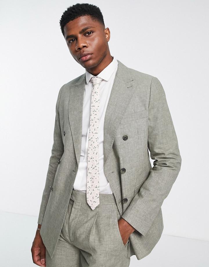 Gianni Feraud Wedding Slim Fit Double Breasted Linen Suit Jacket-green