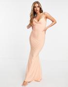 Club L London Apricot Bias Cut Cowl Front Maxi Dress In Apricot-orange