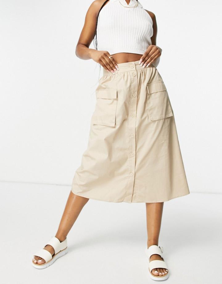 Vila Button Through Midi Skirt With Pockets In Beige-white