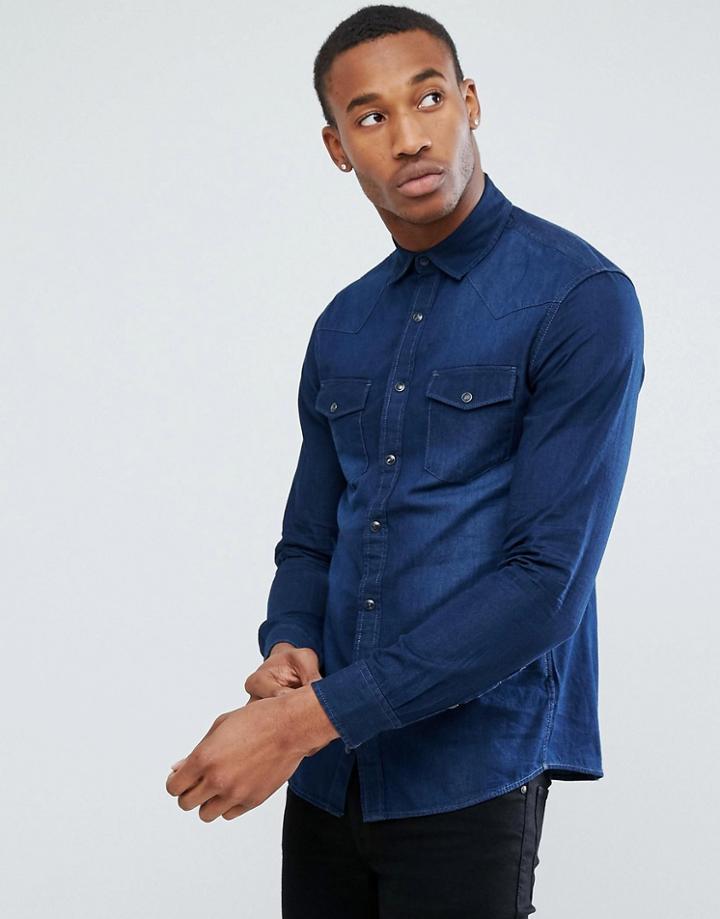 Celio Denim Shirt In Dark Wash Blue - Blue