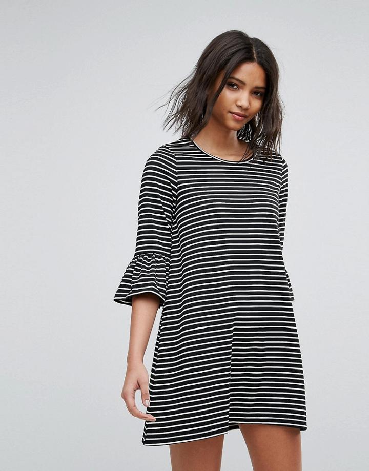 Vero Moda Stripe Shift Dress With Fluted Sleeve - Black