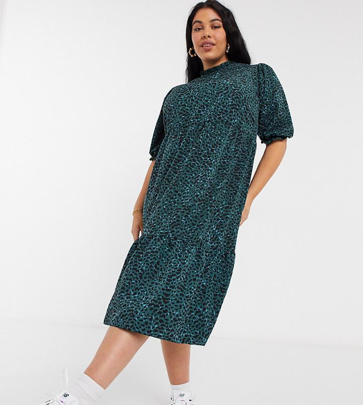 New Look Curve High Neck Tiered Midi Dress In Green Pattern