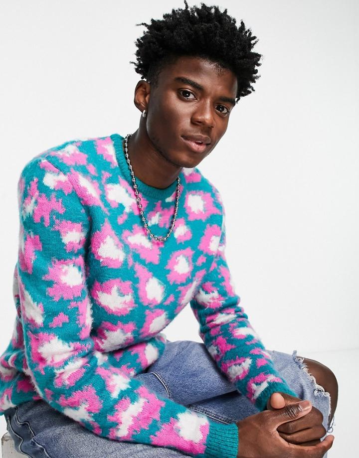 Asos Design Knit Sweater With Bright Animal Pattern In Green