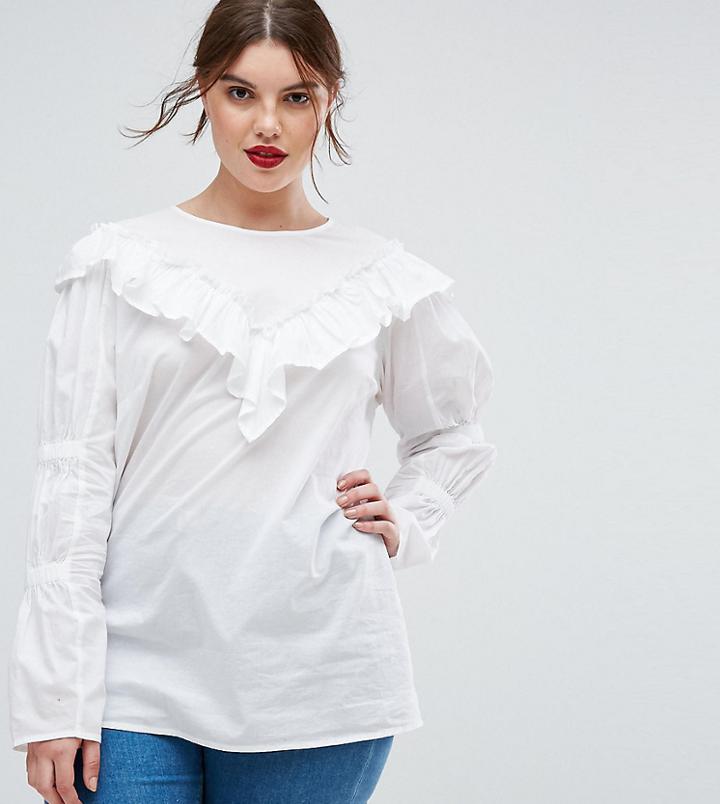 Asos Curve Cotton Top With Frill Detail & Ruched Sleeve - White
