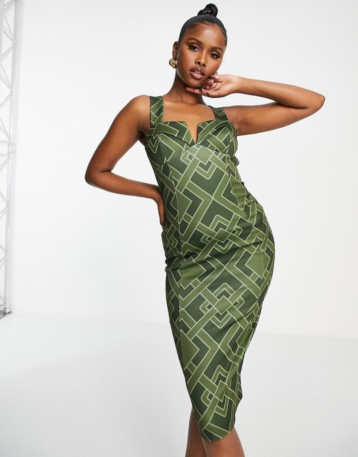 Asos Design Cupped Seamed Midi Pencil Dress In Khaki Geo Print-multi
