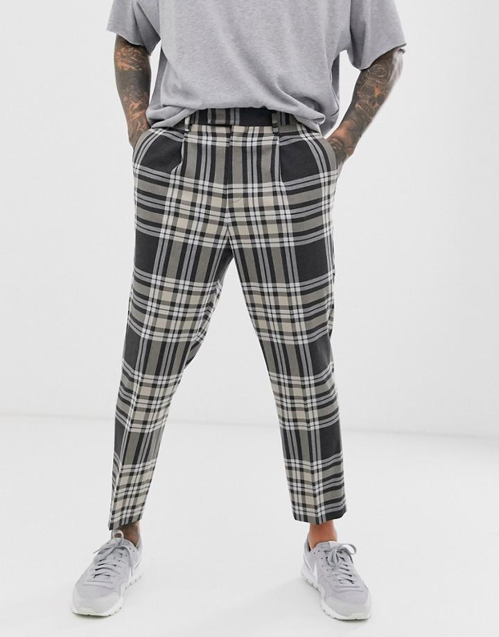 Asos Design Tapered Crop Smart Pants In Gray Wool Mix Check-navy