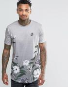 Criminal Damage T-shirt With Floral Print Curved Hem - Gray