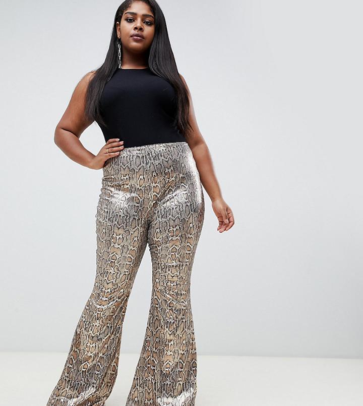 Club L Plus Sequin Snake Print Flare Pants In Multi - Multi