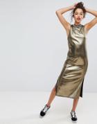 Asos Metallic Gold Midi Dress With Sports Trim - Gold