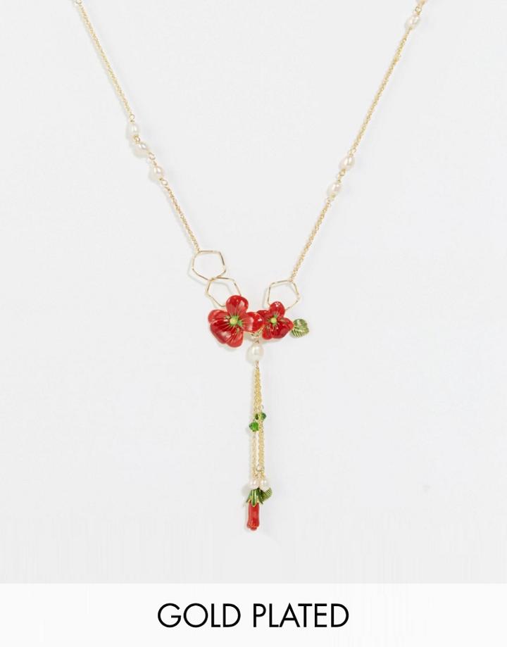 Les Nereides Floral Drop Necklace - Red