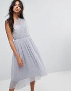 Asos Premium Crystal Bodice Tulle One Shoulder Midi Prom Dress - Gray