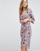 Closet Floral Wrap Long Sleeve Side Gathered Dress - Multi