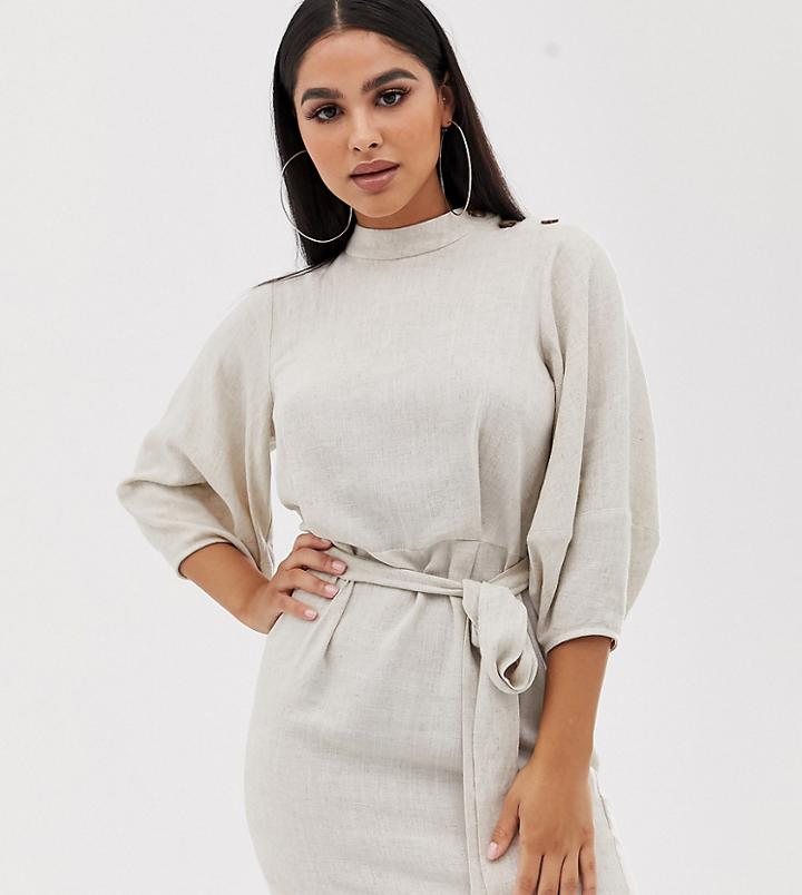 Asos Design Petite Linen Mini Dress With Tie Belt-cream