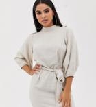 Asos Design Petite Linen Mini Dress With Tie Belt-cream