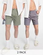 Asos Design 2 Pack Chino Cigarette Shorts In Khaki And Charcoal Save-multi