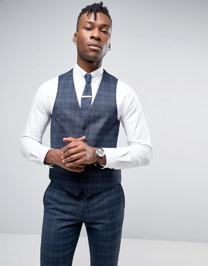 Rudie Slim Fit Vest In Blue Check - Blue
