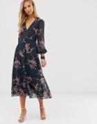 Hope & Ivy Floral Long Sleeve Midi Dress-navy