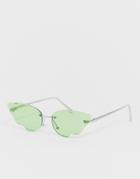 Asos Design Cut Away Rimless Cat Eye Fashion Glasses In Green Lens