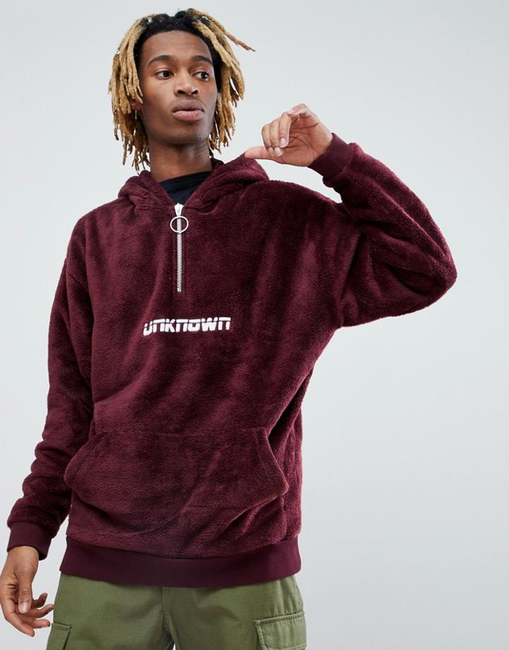 Asos X Unknown London Oversized Borg Hoodie With Half Zip - Red