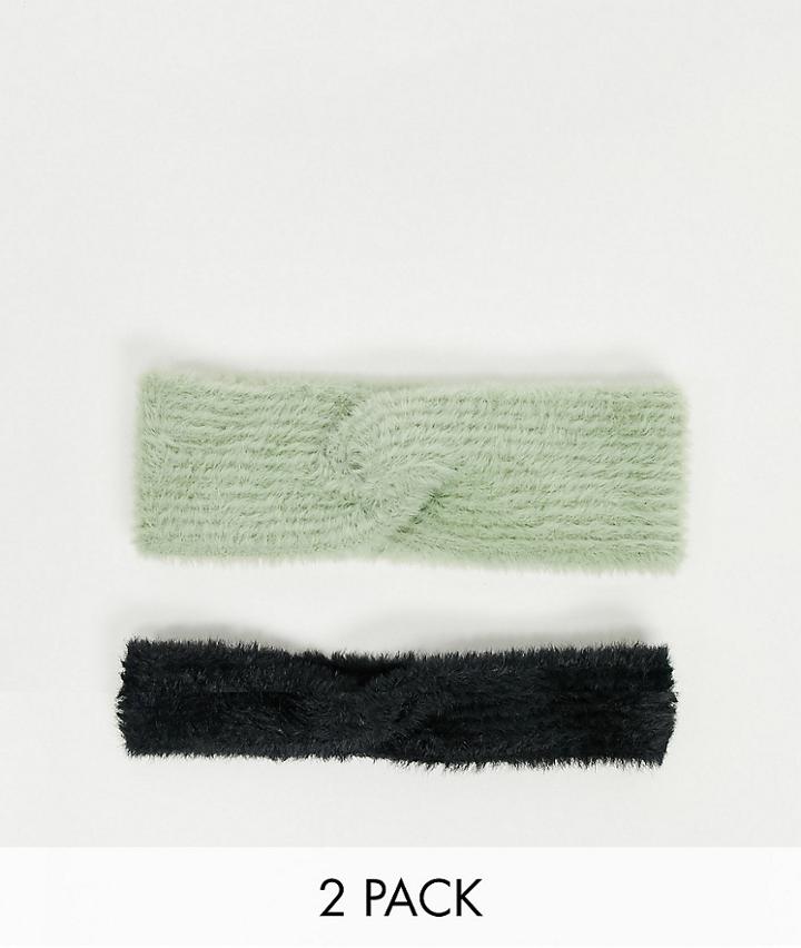 Asos Design 2 Pack Fluffy Rib Headband In Mint And Black-multi