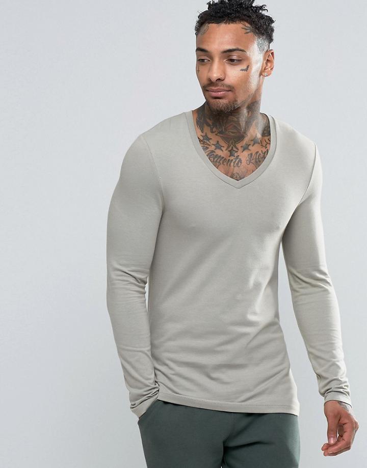 Asos Extreme Muscle Long Sleeve T-shirt With V Neck In Gray - Green