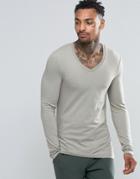 Asos Extreme Muscle Long Sleeve T-shirt With V Neck In Gray - Green