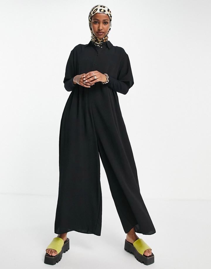 Asos Design Short Sleeve Collar Smock Jumpsuit In Black