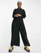 Asos Design Short Sleeve Collar Smock Jumpsuit In Black