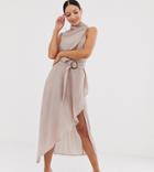 Asos Design Tall Drape Neck Midi Dress In Textured Fabric With Self Belt-beige