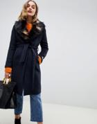 Gianni Feraud Duster Coat With Faux Fur Collar - Navy