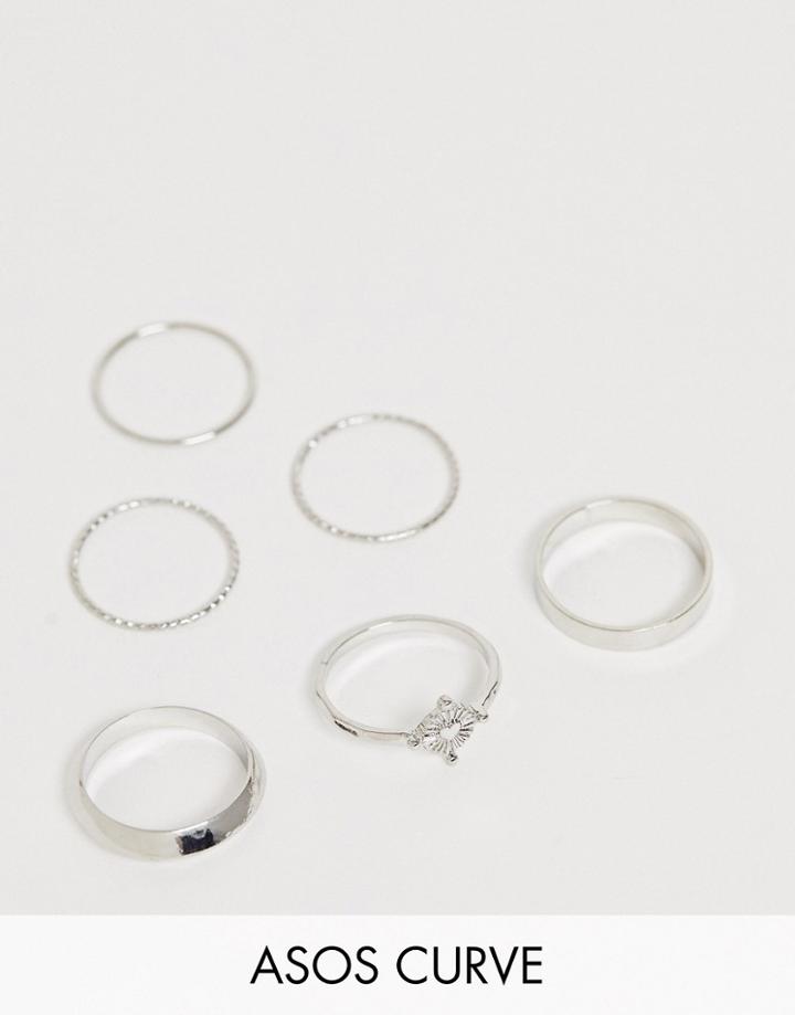 Asos Design Curve Pack Of 6 Rings With Engraved Heart Design And Graduated Band In Silver Tone - Silver